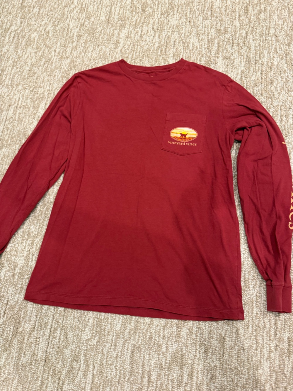 Vineyard Vines Long-Sleeve Pocket Tee in Deep Red with Logo